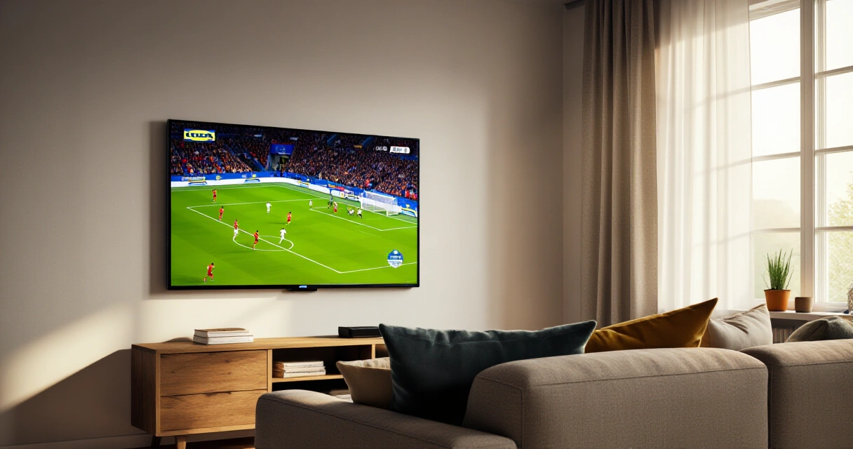 Moderni olohuone jossa televisio seinällä, skandinaavinen sisustus