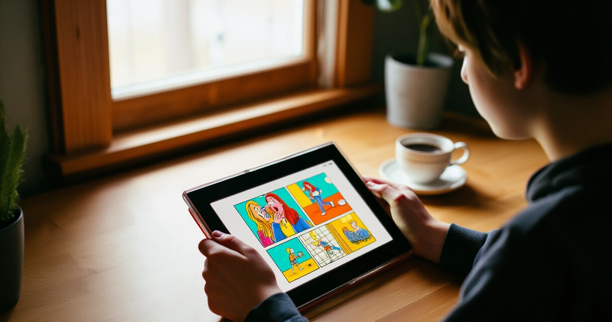 Henkilö lukee webtooneja tabletilta kotona skandinaavisessa sisustuksessa