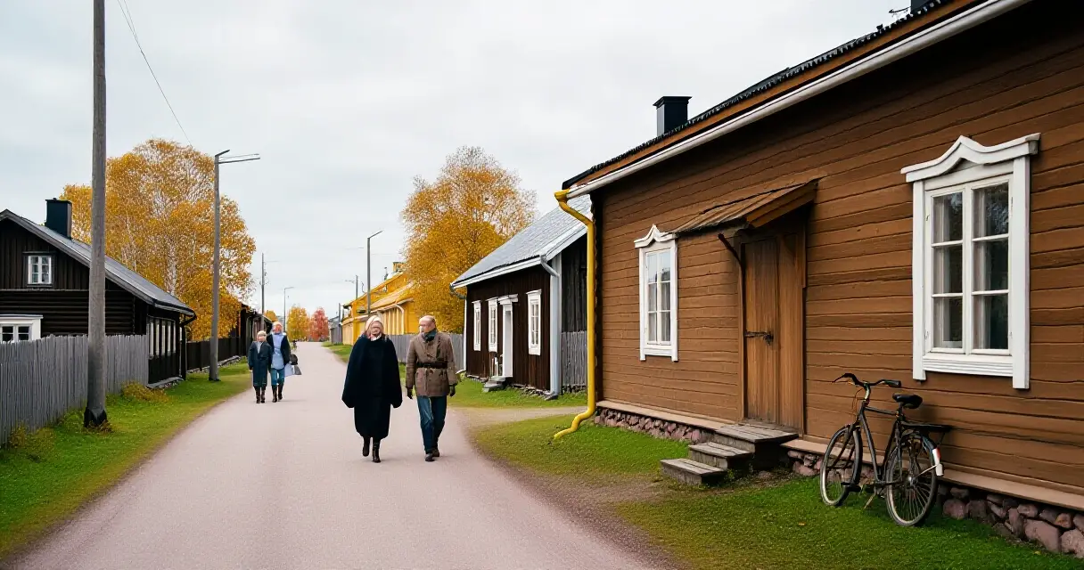 Suomalainen pikkukaupunki syksyllä, kuvituksena Mämmilän arki