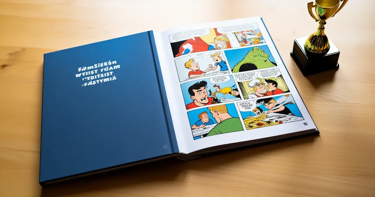Suomalainen sarjakuva-albumi ja palkintopysty puisella pöydällä luonnonvalossa