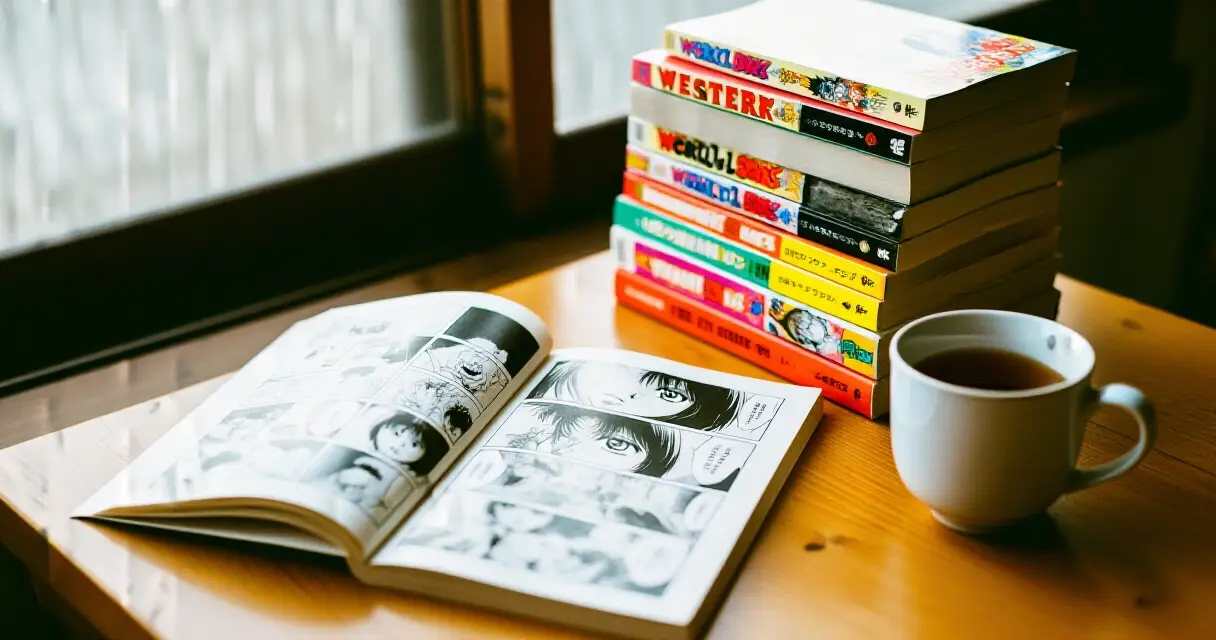 Mustavalkoinen manga-nidos ja värikkäitä länsimaisia sarjakuva-albumeita pöydällä