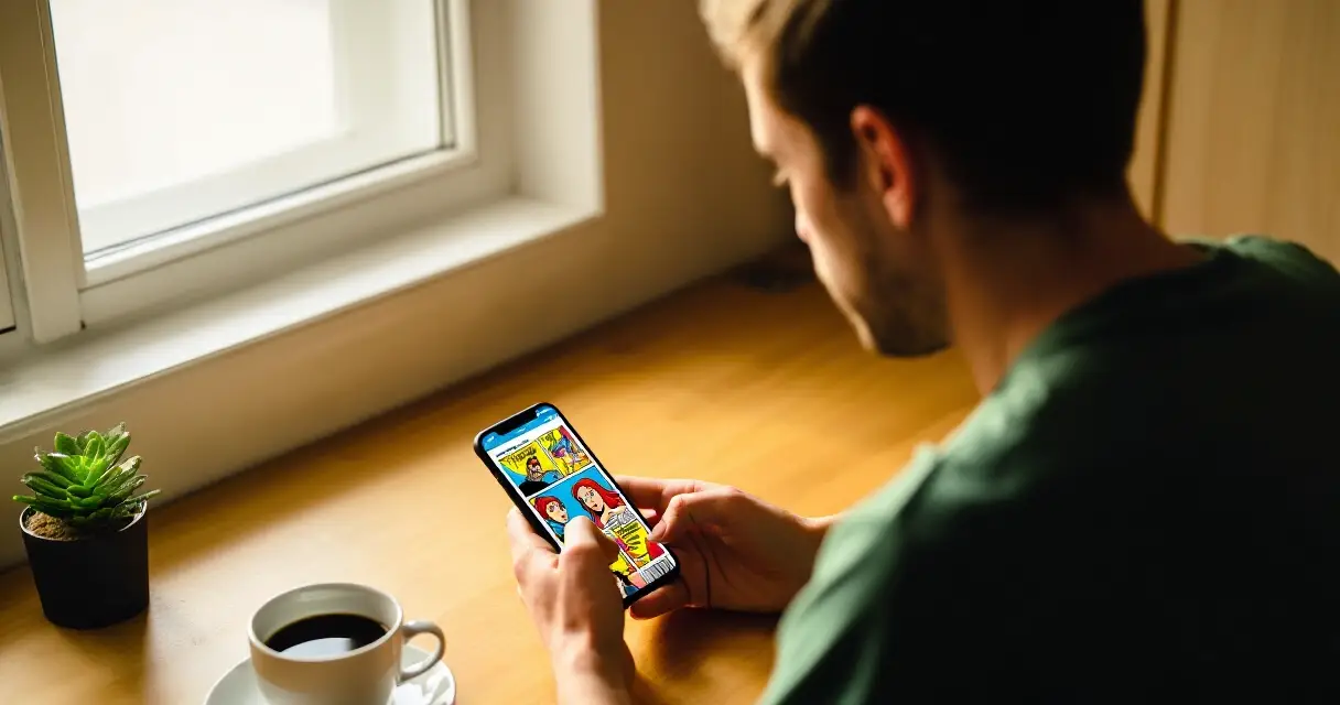 Lukija selaa webtoon-sovellusta älypuhelimella kodinomaisessa skandinaavisessa ympäristössä